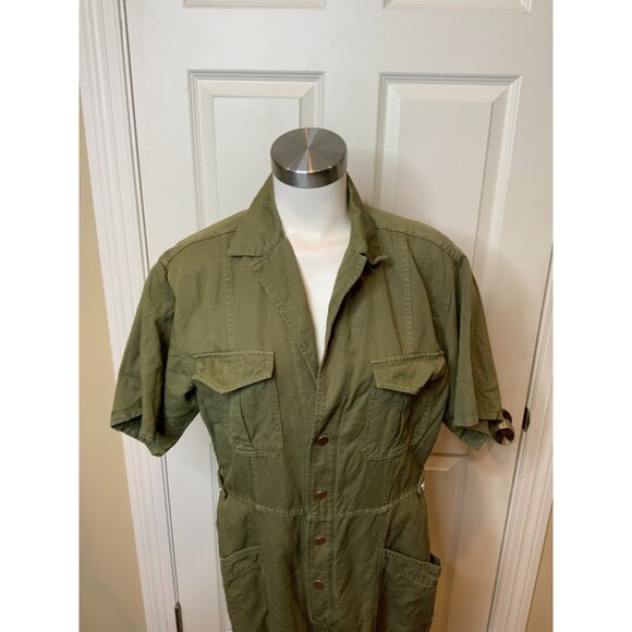 A.L.C. Green Denim Cotton Linen Blend Collared Short Sleeve Jumpsuit Size 12 - Picture 2 of 7